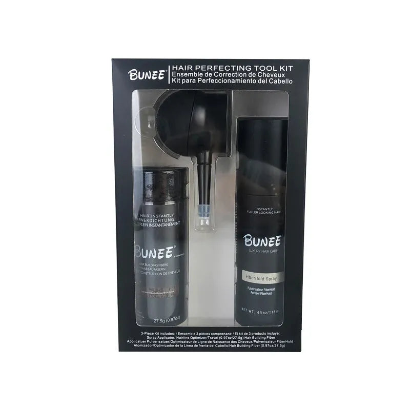 Dense hair fibre powder 275g canister with applicator nozzle and shaping spray bottle for thickening hair