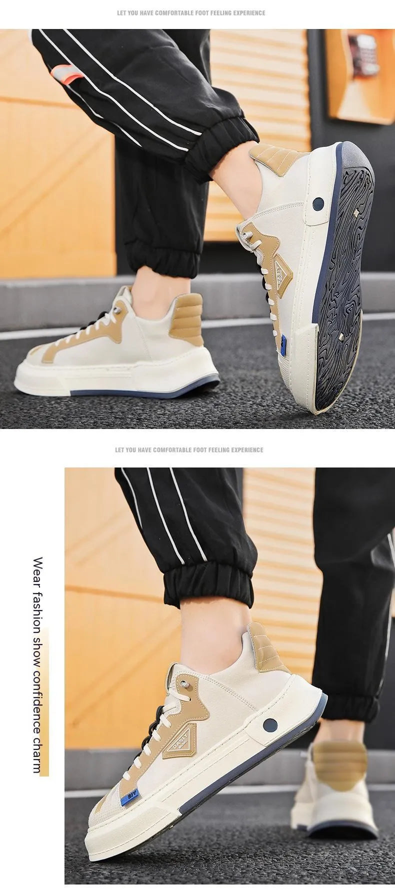 Men's beige low-top casual sneakers with elastic band fastening and leather stitching detail on microfiber upper.