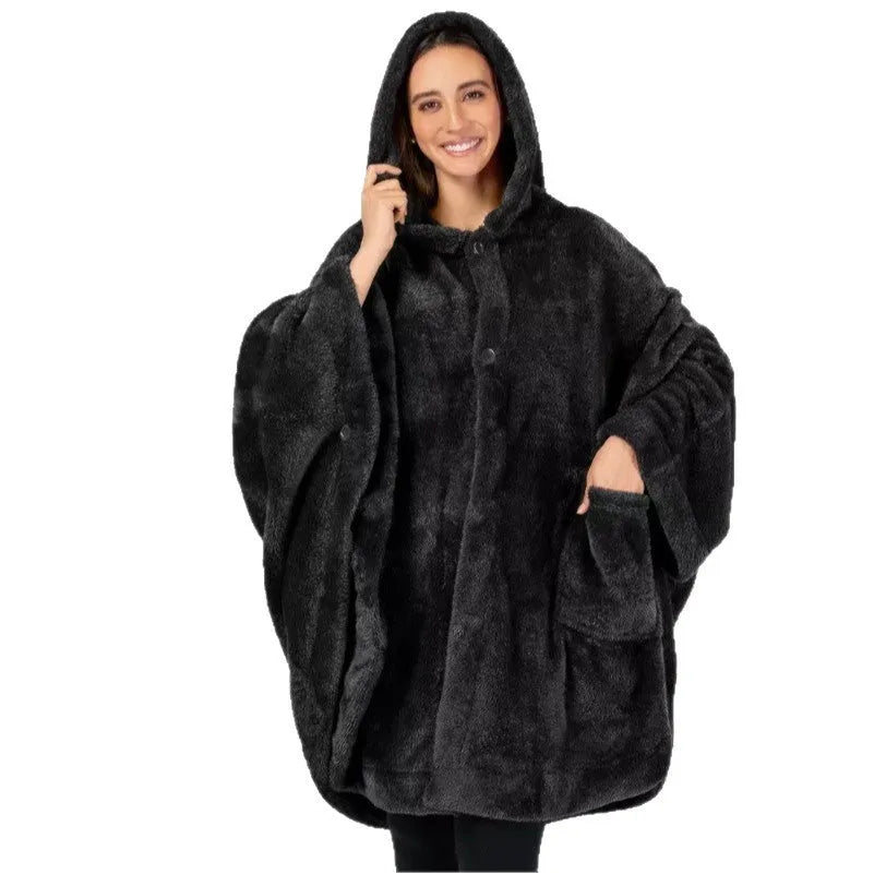 A thick, hooded long-sleeve polyester bathrobe cardigan in dark grey, shown on a hanger.