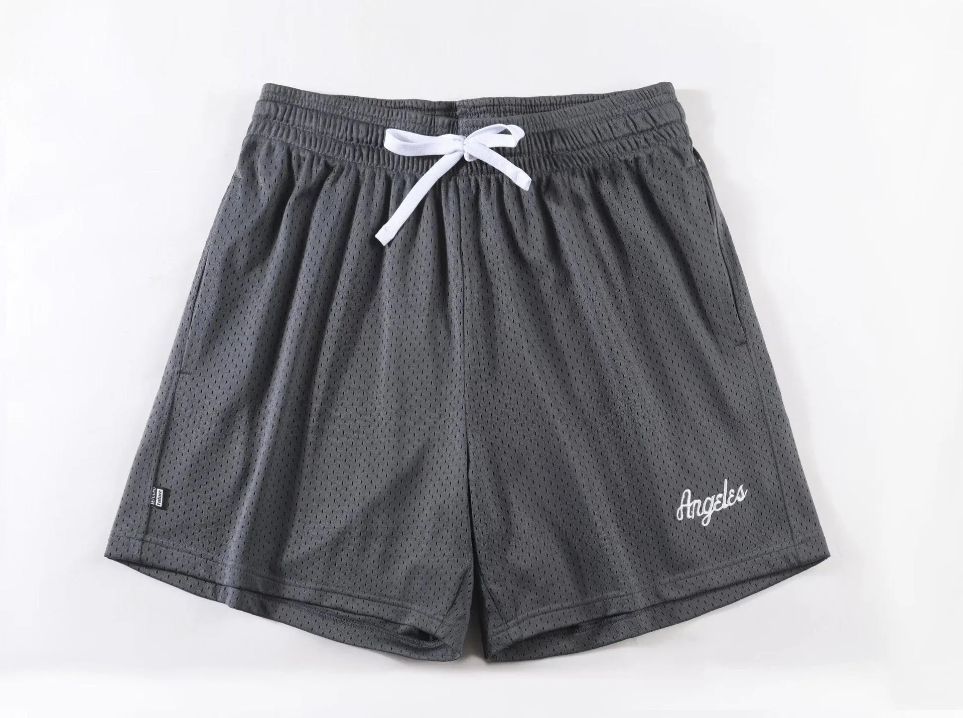 Men's black double-layer mesh shorts laid flat, showing sports and leisure style.