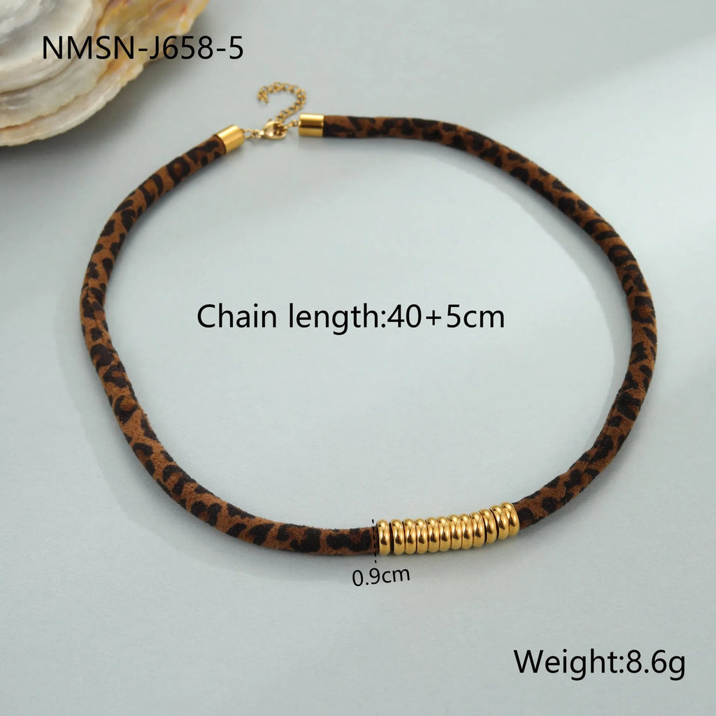Geometric leopard pendant stainless steel necklace with gold electroplating on regular chain
