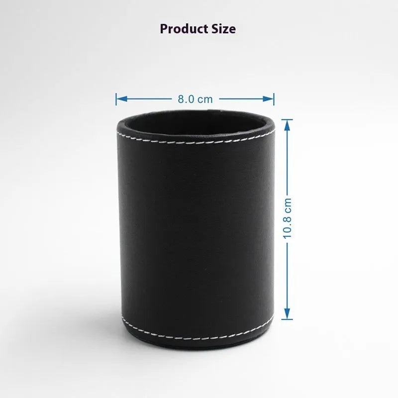 Black leather round pen holder with 8cm diameter and 10.8cm height for desk organisation
