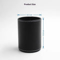 Black leather round pen holder with 8cm diameter and 10.8cm height for desk organisation