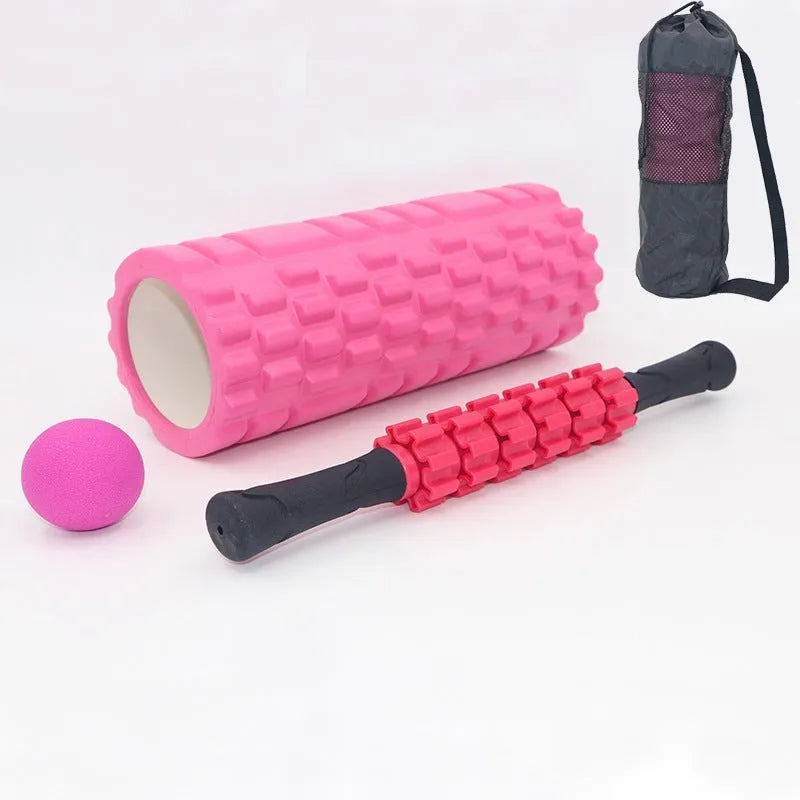 Black 33cm fitness foam roller massage kit with foam, EVA and PVC construction.