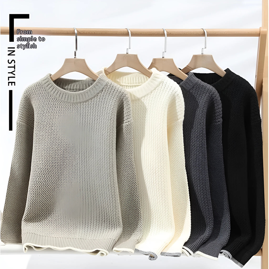 Men's loose fit chemical fibre blend sweater in grey colour showing round neck and long sleeve design