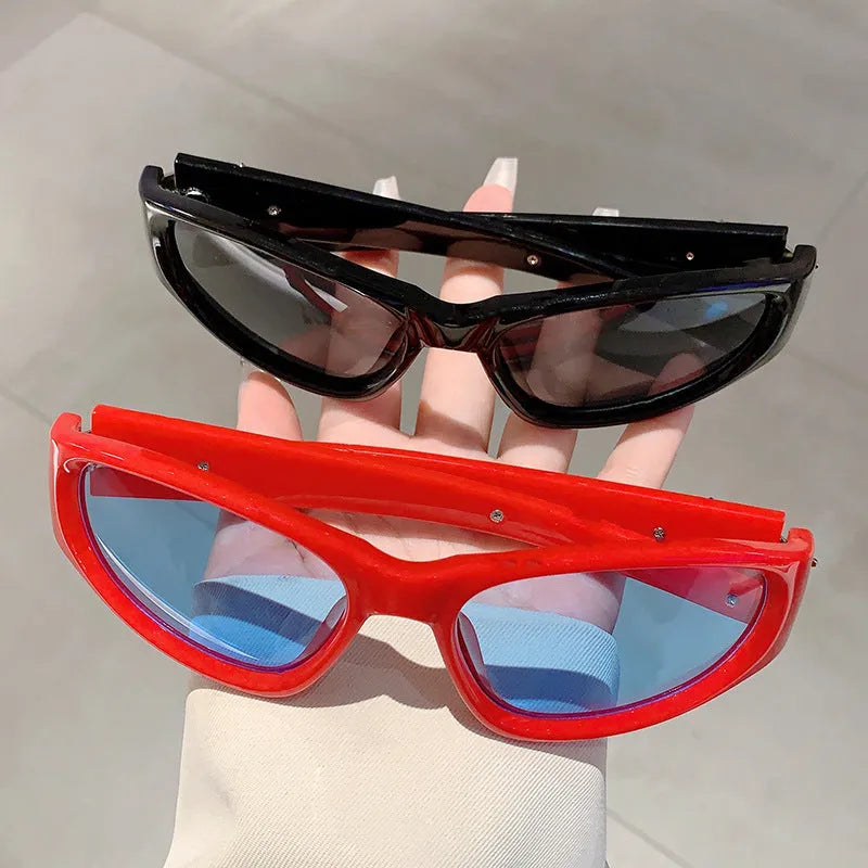 Special-shaped polycarbonate sunglasses with category 3 lenses shown in a black frame and blue lens colour option.