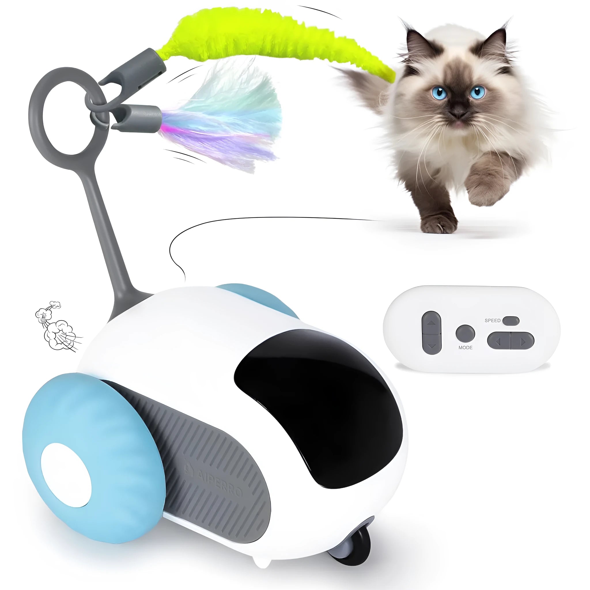 Blue remote control toy car for cats with feather teaser attachment on USB charging cable