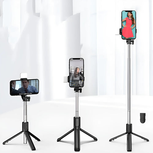 Black aluminium alloy Bluetooth selfie stick with extended tripod legs and phone holder attached.