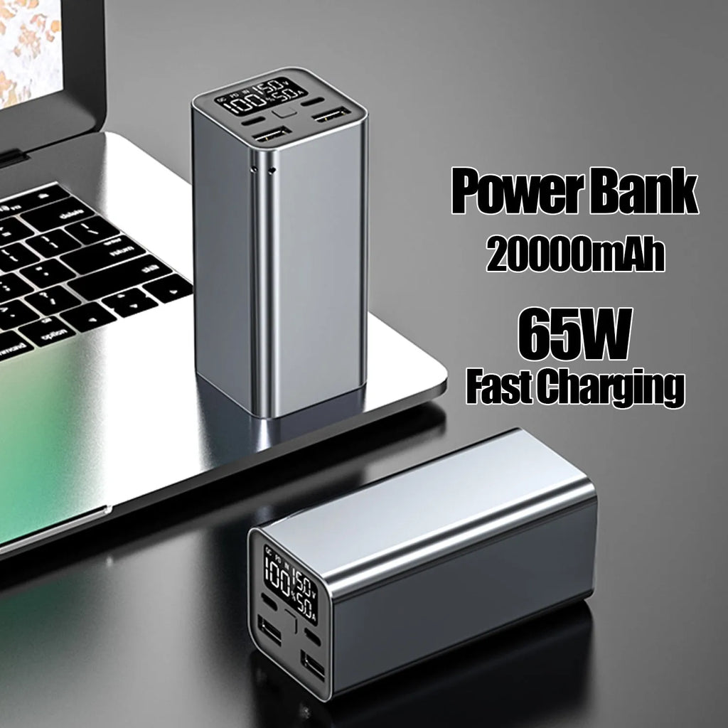 Black metal 65W laptop power bank with 20000mAh capacity showing USB ports