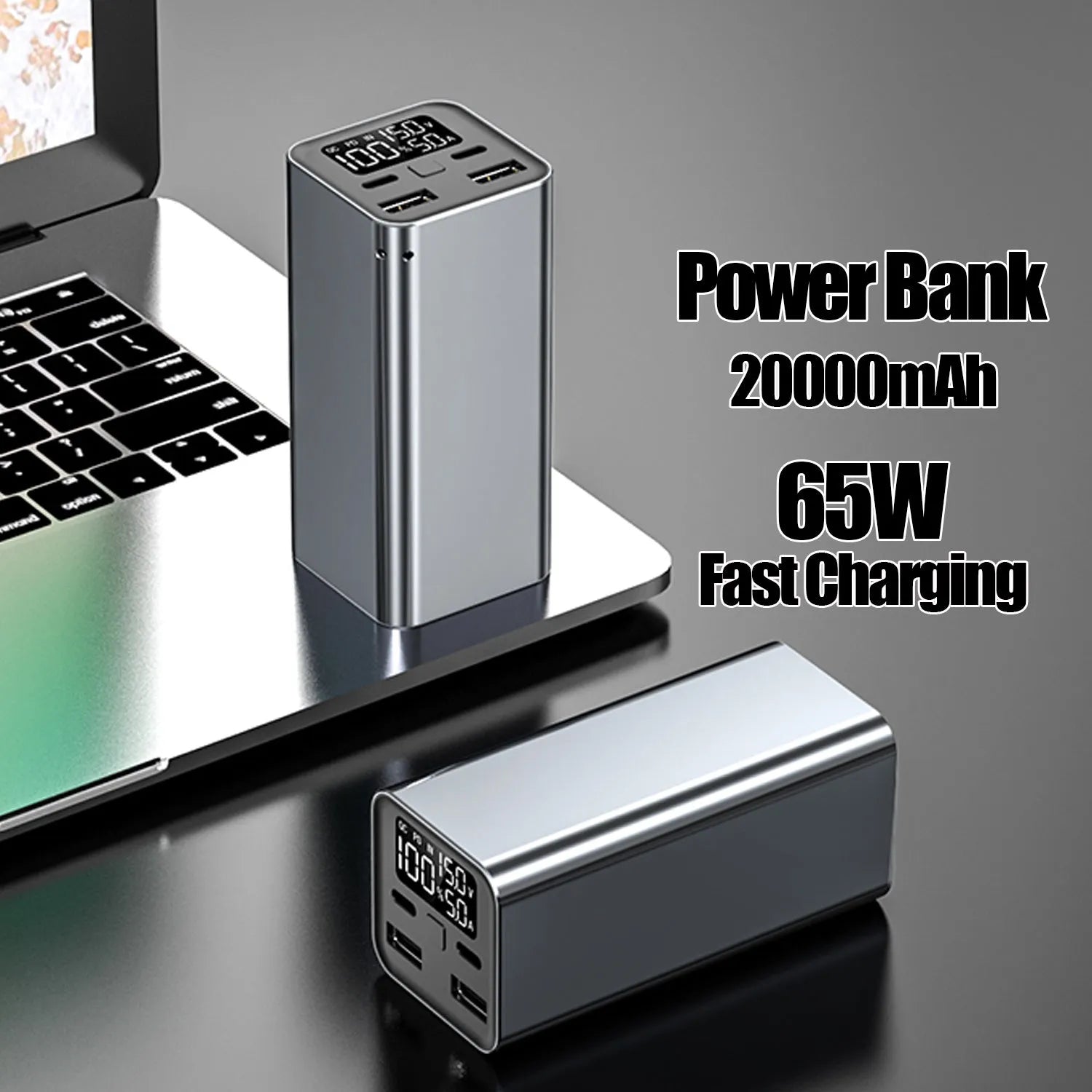 Black metal 65W laptop power bank with 20000mAh capacity showing USB ports
