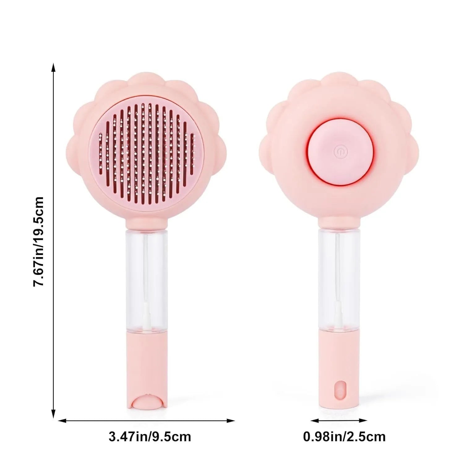 Grey spray cat brush with a release button and water tank for grooming pets.