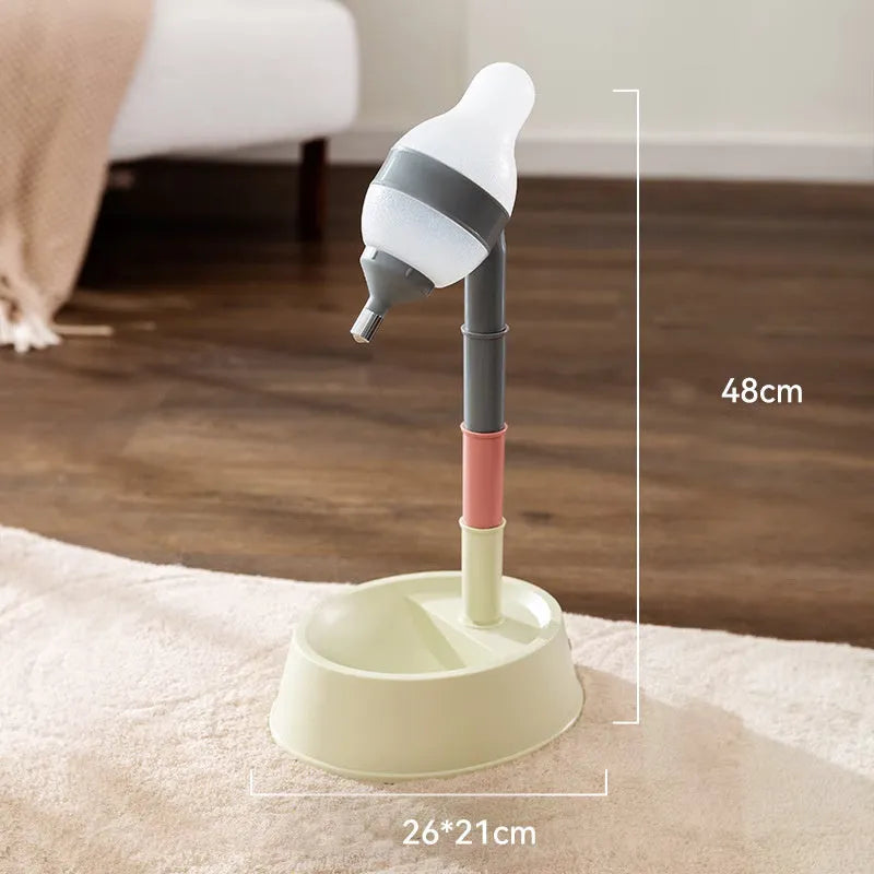 Grey adjustable height pet water dispenser bowl on a stand with a drinking nozzle