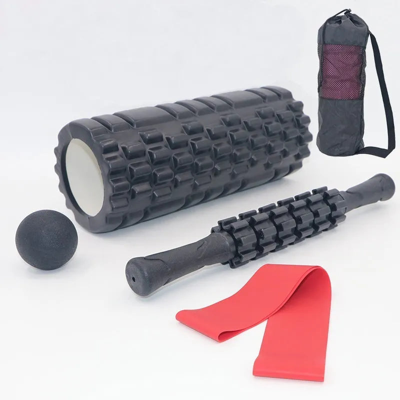 Black 33cm fitness foam roller massage kit with foam, EVA and PVC construction.