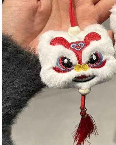 Handmade Chinese style plush lion tassel keychain ornament with star stone detail in blue colour