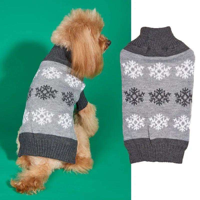Dog wearing acrylic Christmas sweater in dark brown and grey colours for seasonal holiday wear
