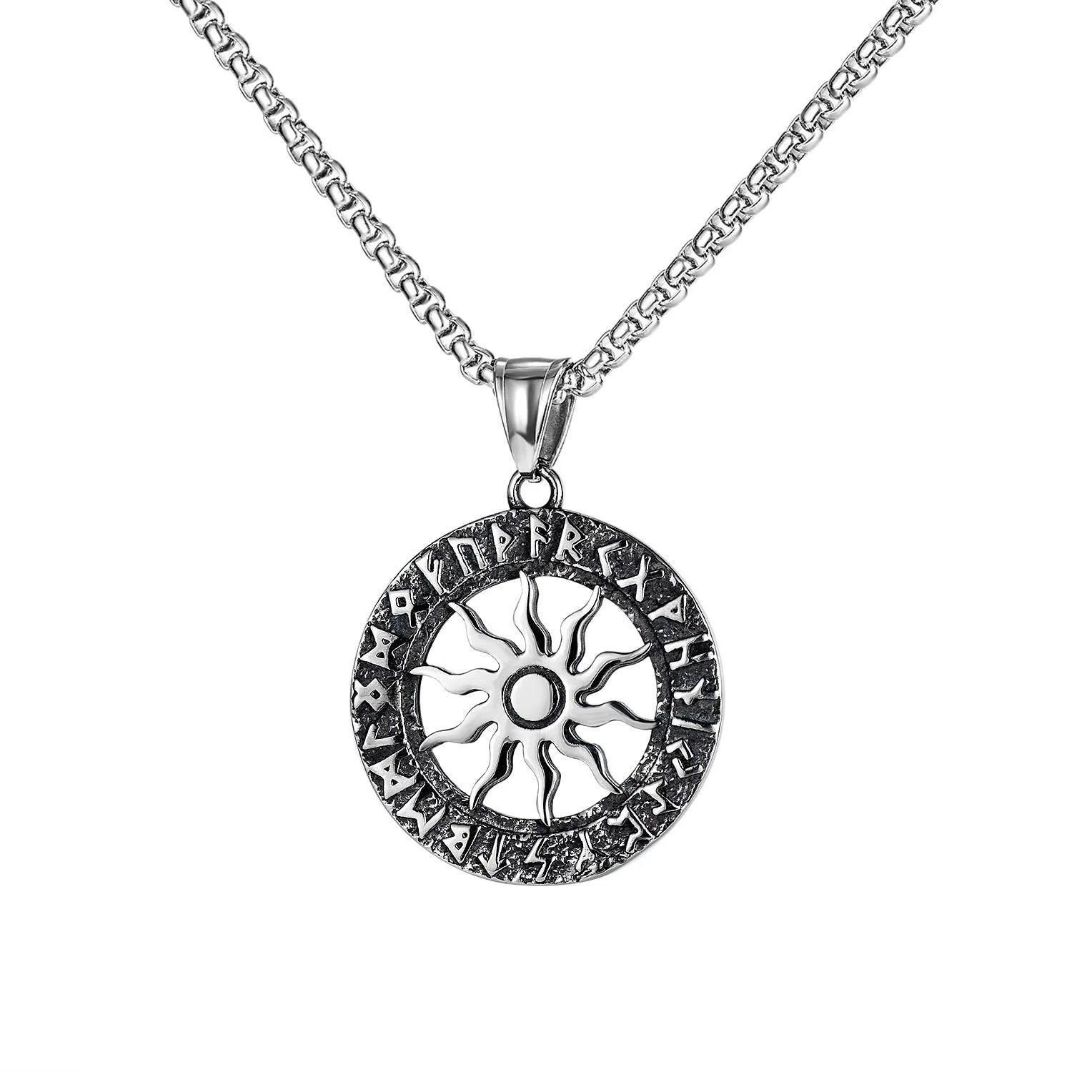 Men's stainless steel necklace with electroplated silver finish showing multiple pendant design options including skull, dagger and screw motifs
