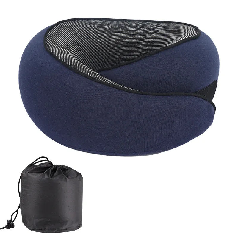 Black U-shaped memory foam travel neck pillow with storage bag, shown next to dark blue and grey colour options.