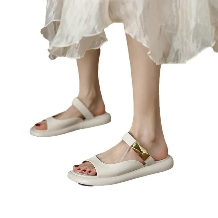 Apricot and white French soft leather peep toe platform sandals with a flat rubber sole.