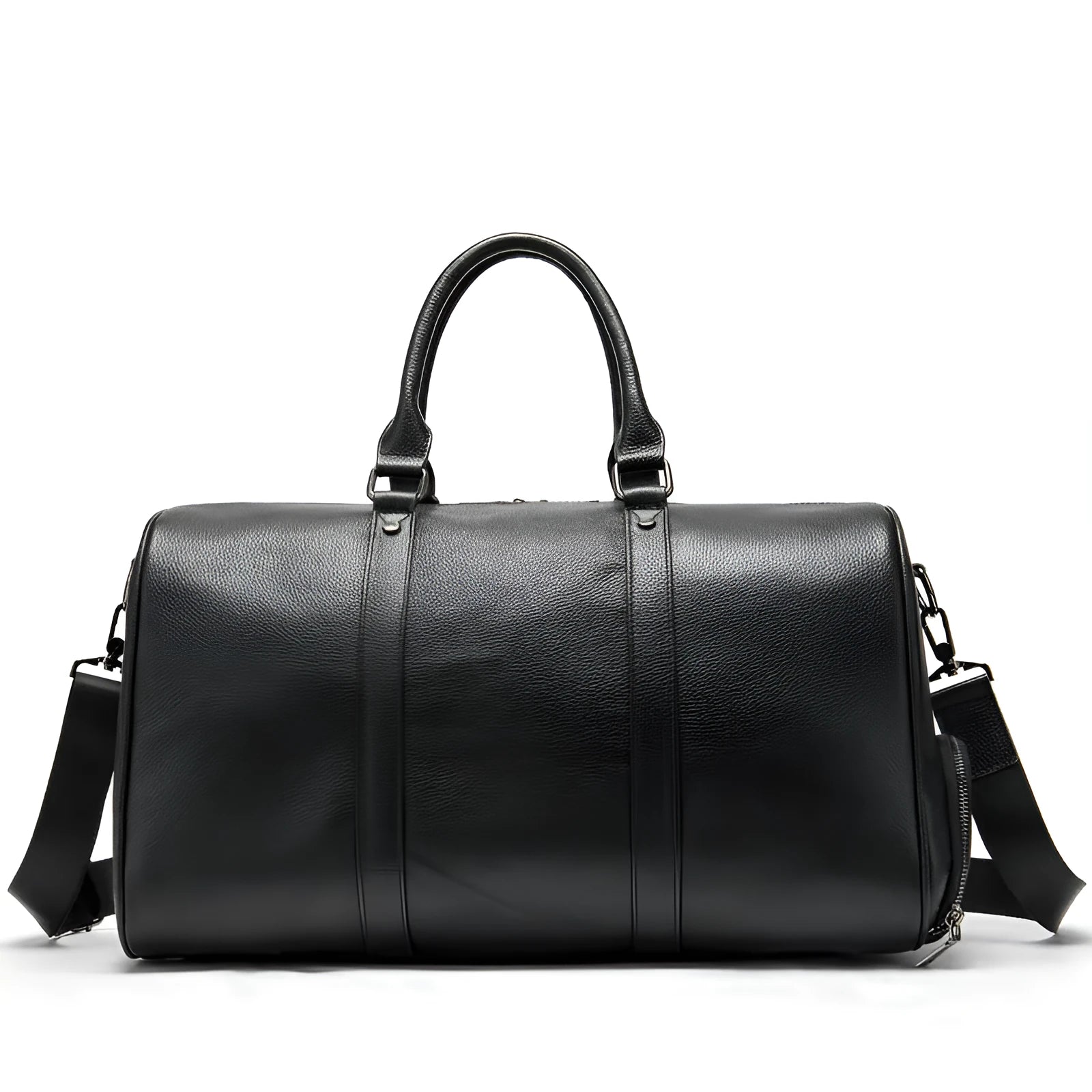Men's black and coffee brown cowhide leather tote bag showing 44cm and 55cm size options.
