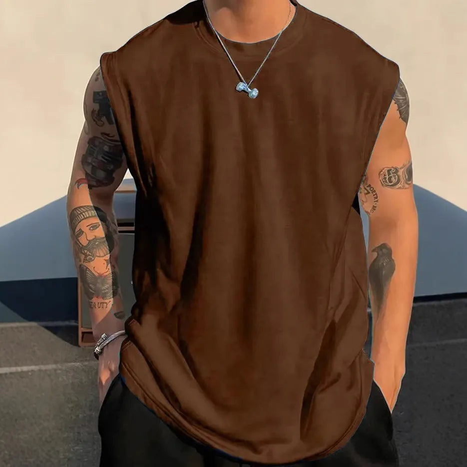 Men's loose solid colour cotton tank top on hanger showing straight hem design
