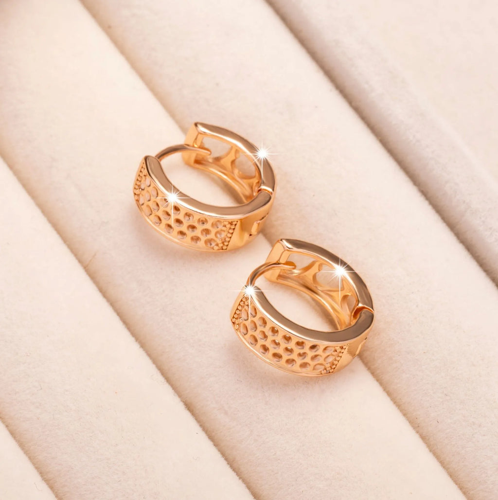 Rose gold women's earrings with a hollow heart shape and circular silhouette.