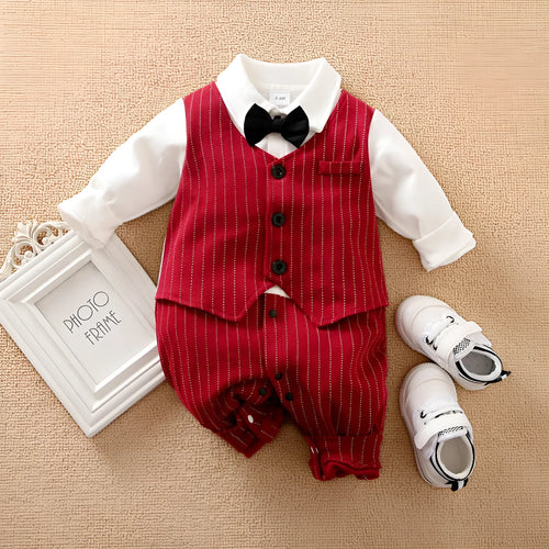 Wine red cotton baby boy romper with long sleeves and single-breasted closure.