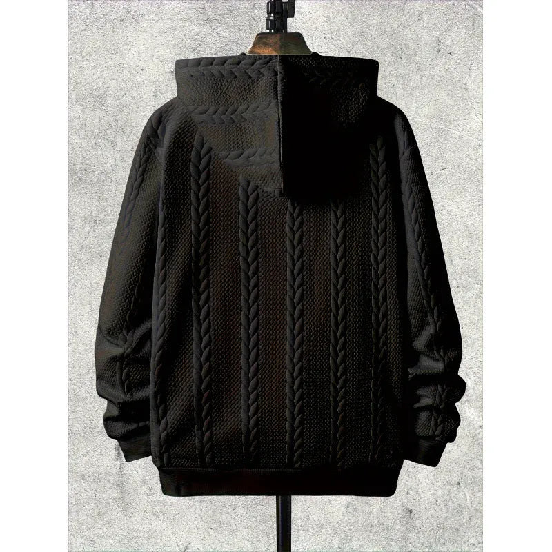 Men's plus-sized casual hooded sweater cardigan in black, 100% polyester, long sleeves, sizes 1XL-6XL