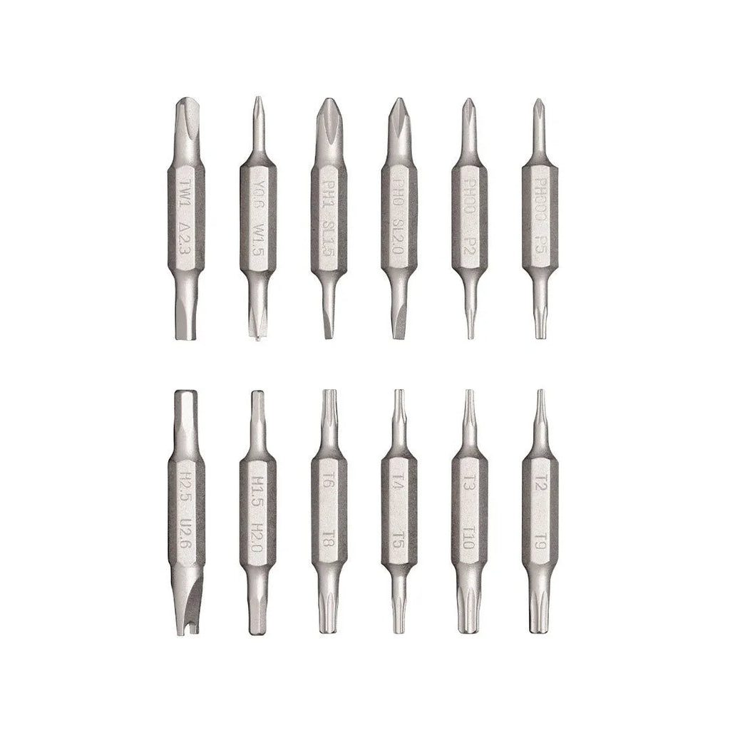 Green 24-in-1 aluminium repair screwdriver set with bits stored magnetically inside the handle.