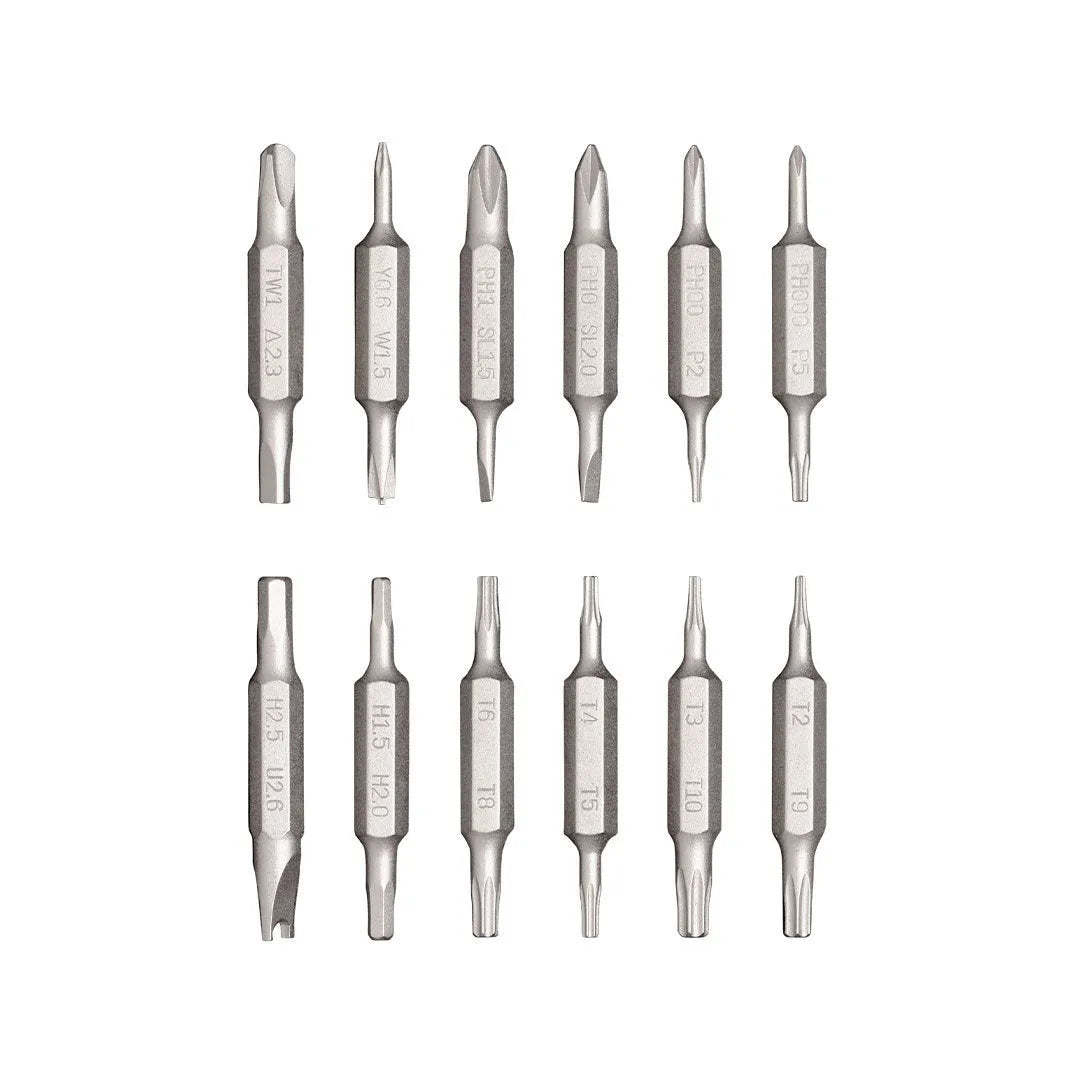 Green 24-in-1 aluminium repair screwdriver set with bits stored magnetically inside the handle.