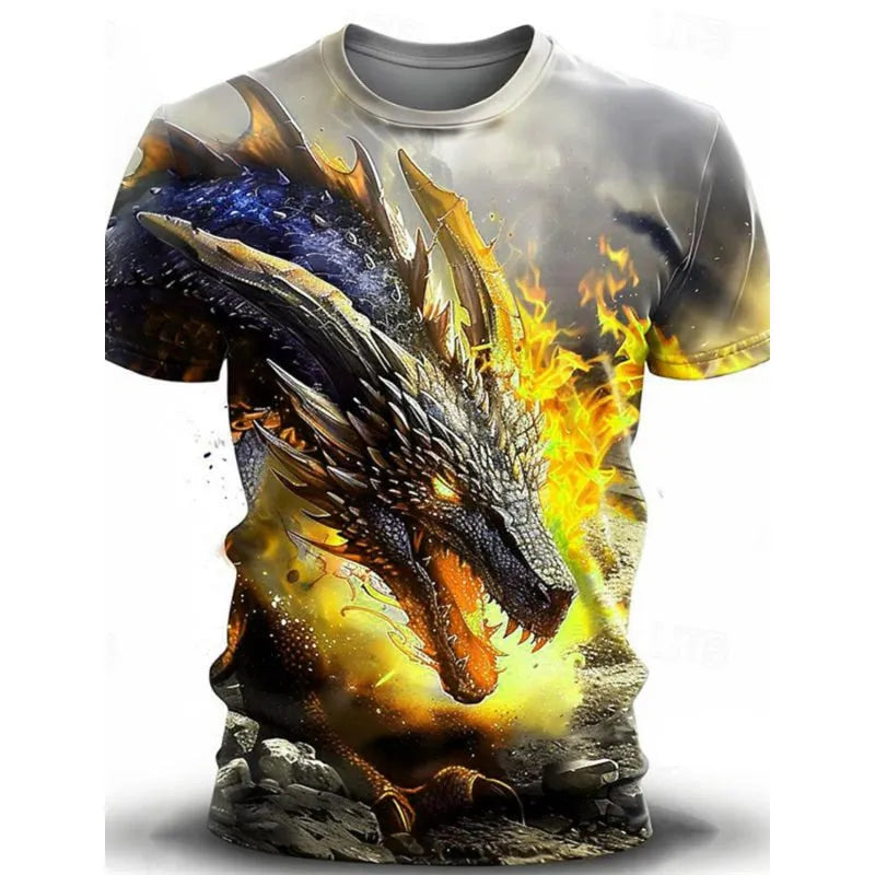 Men's grey casual T-shirt featuring a large 3D wind dragon print across the chest, with short sleeves.