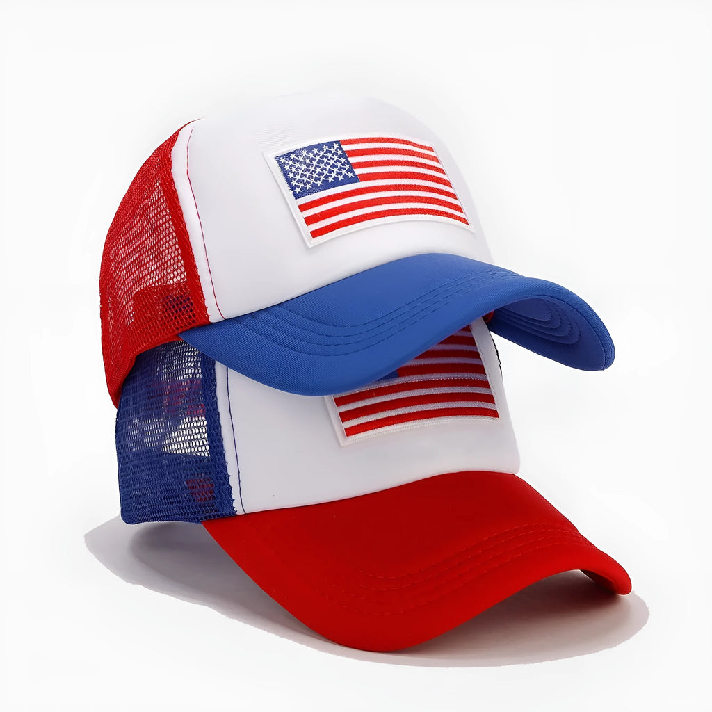 Red and blue contrasting mesh baseball cap with adjustable strap on a dome crown.