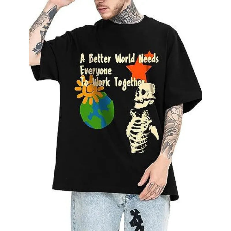 Men's grey printed short sleeve street T-shirt on a hanger showing digital graphic design.