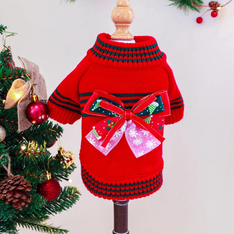 Red and green dog christmas sweaters, polyester festive pet jumper for small to medium dogs.