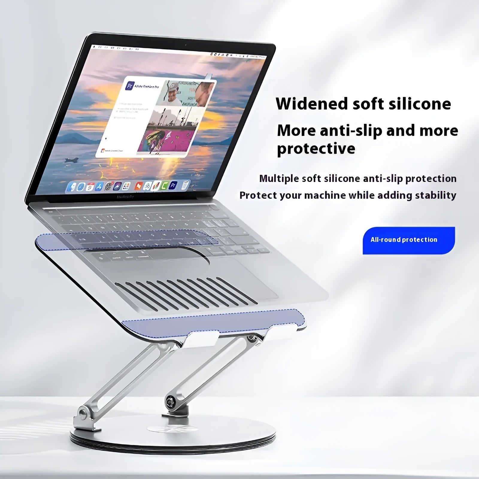 Silver aluminum alloy laptop stand with foldable design and rotatable base