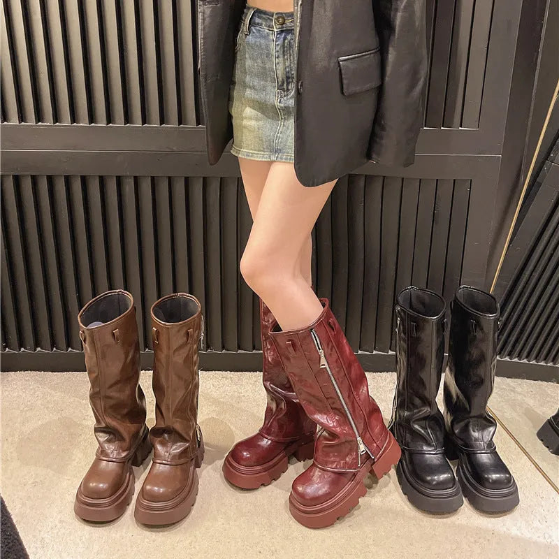 Platform Muffin Pants Martin Boots in black, brown, or wine red with chunky rubber sole and high cylinder sock