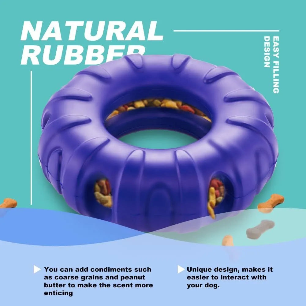 Blue rubber tyre-shaped dog chew toy with oval openings, for medium to large breed dogs.