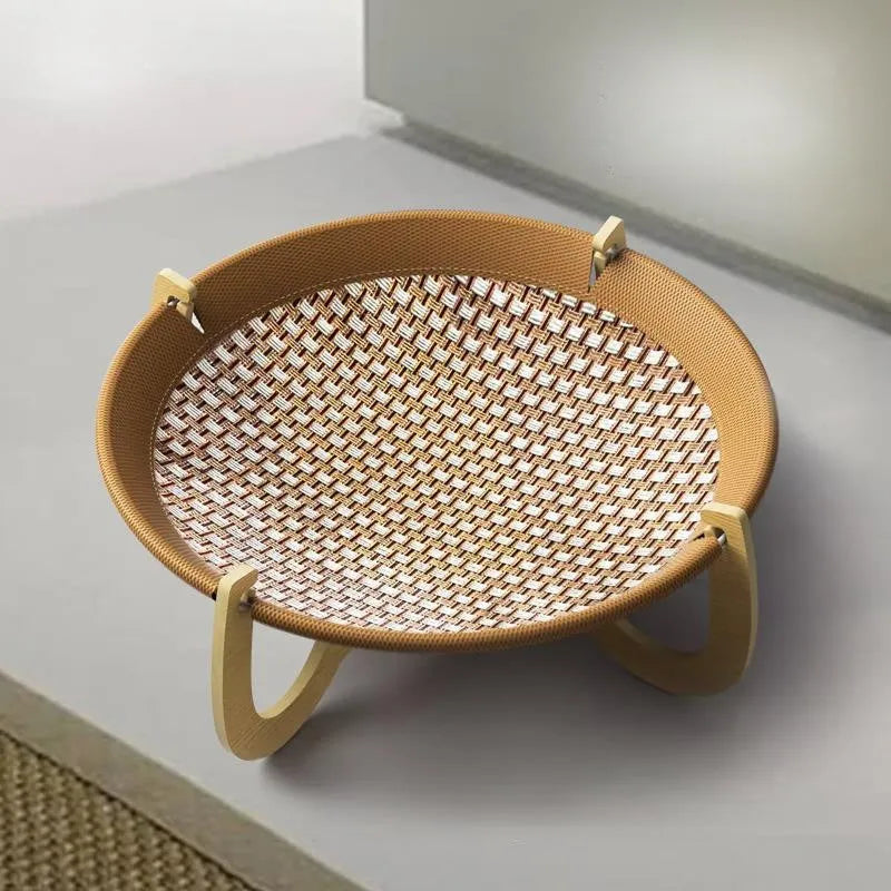 Brown woven rattan pet hammock measuring 46cm square with 17.5cm elevation