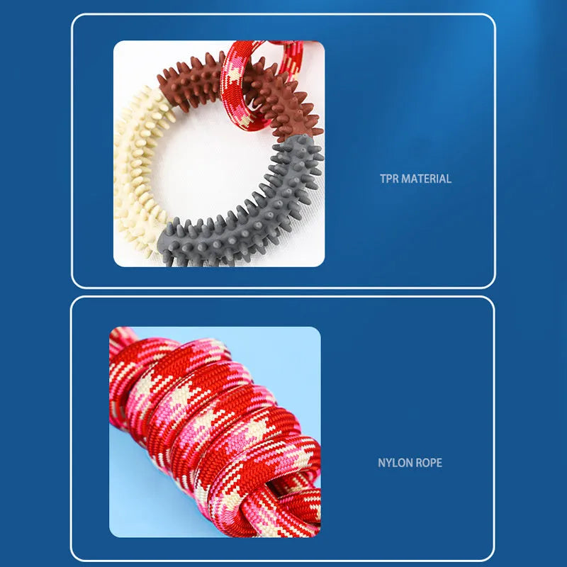 Blue, red, and rose red braided rope dog chew toy with knot design measuring 43cm long