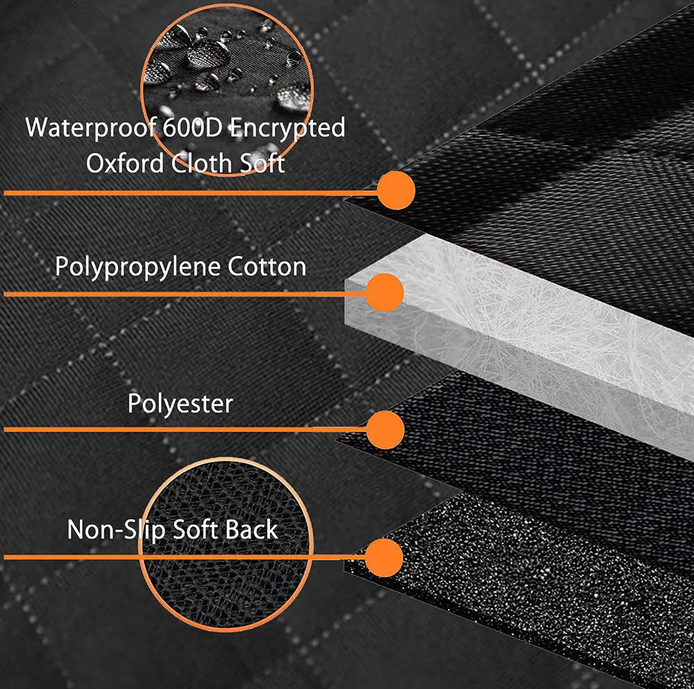 Black and orange edged waterproof pet car seat cover made from 600D Oxford cloth, shown on a car rear seat.