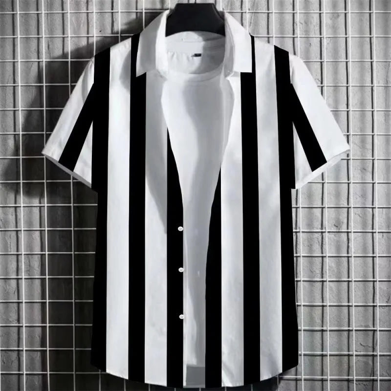 Men's striped linen short sleeve T-shirt with 3D printing, shown in multiple colour options.