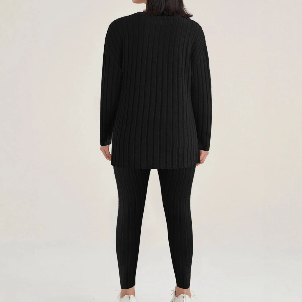 Black and blue sunken stripe two-piece homewear set with regular sleeve top and trousers