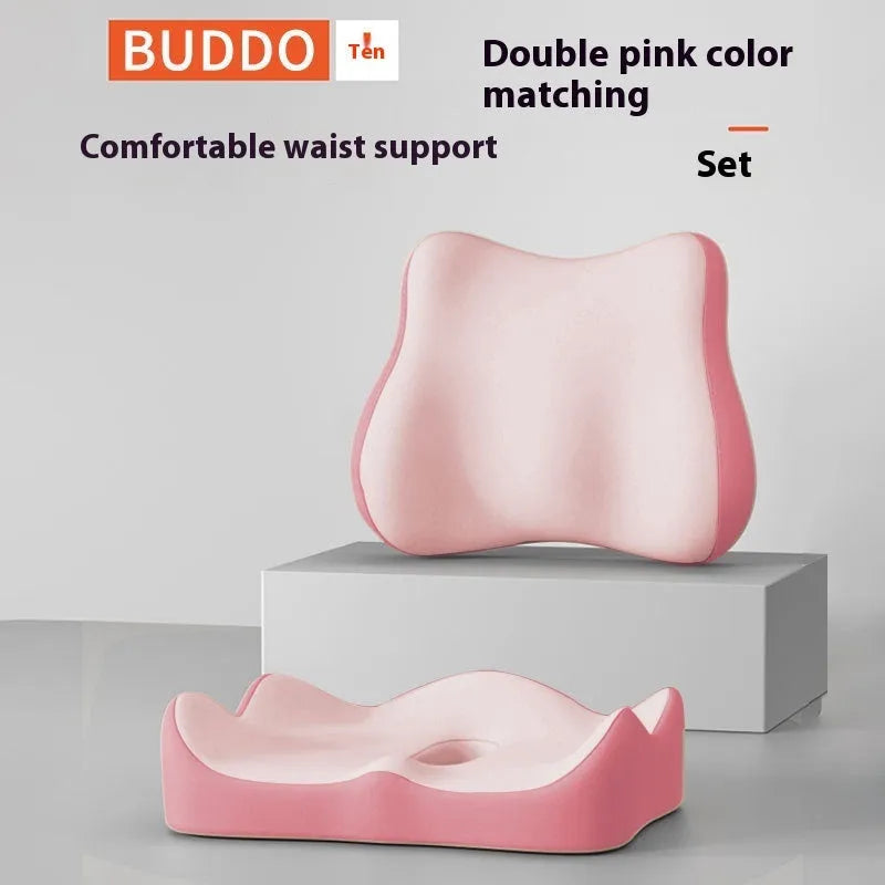 A waist rest seat cushion with memory foam filler for office use, shown in a blue and grey colour combination.