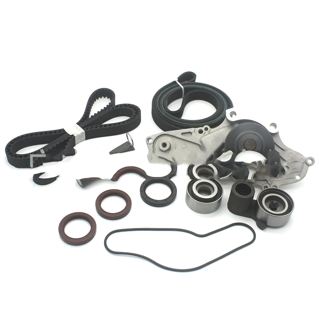 Metal automotive belt and water pump assembly showing dimensions of 28cm by 18cm by 16cm.
