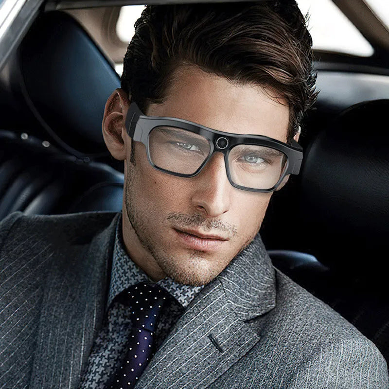 Black smart Bluetooth glasses with head-mounted video recording camera and touch button controls