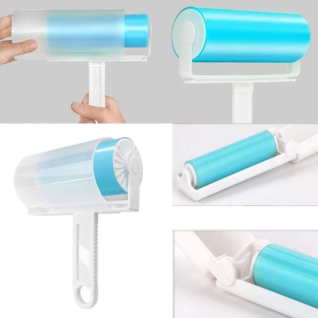 Blue washable reusable lint roller with cover for removing pet hair from clothes.