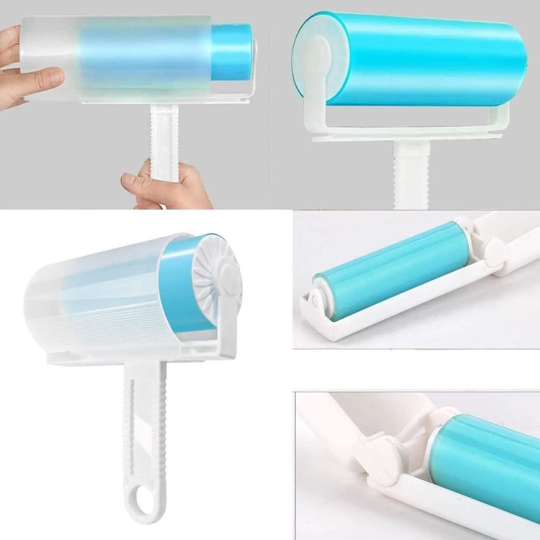 Blue washable reusable lint roller with cover for removing pet hair from clothes.