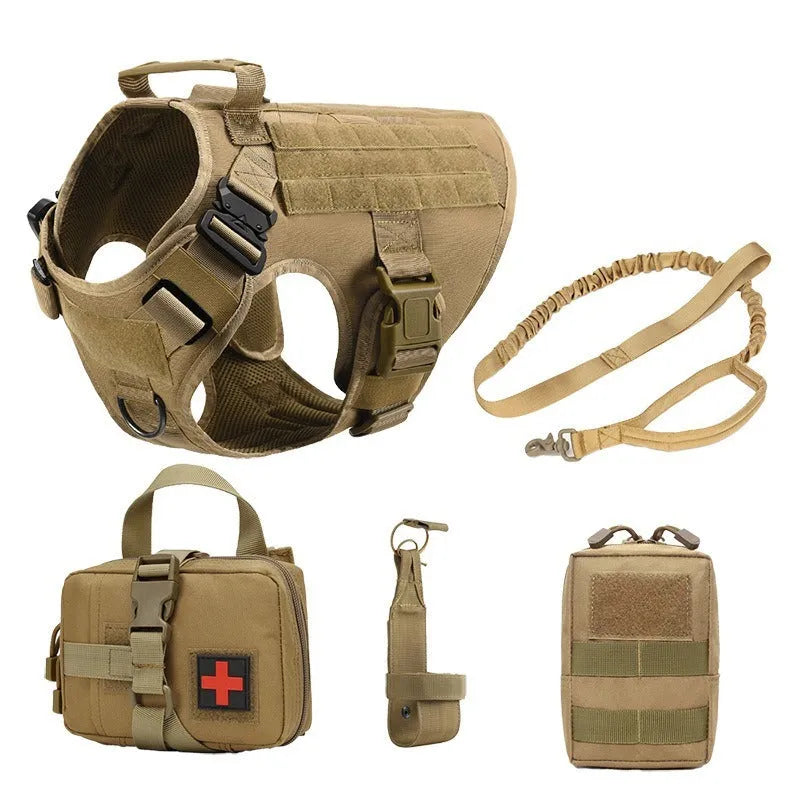 Outdoor Tactics five-piece training dog harness set in camouflage polyester material