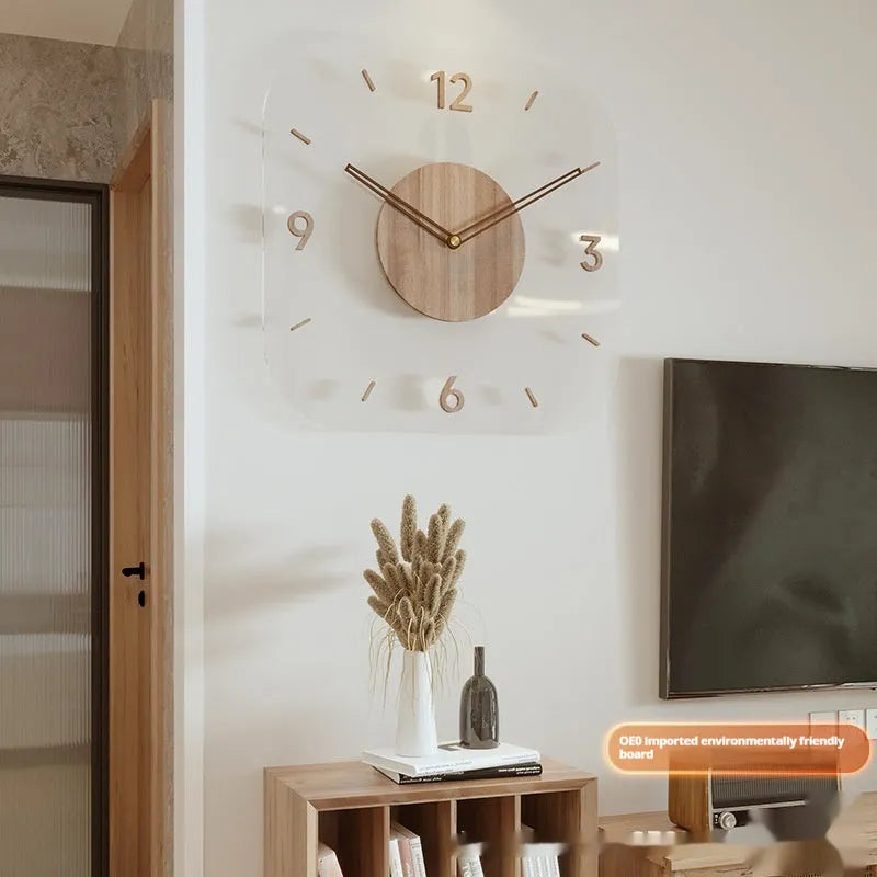 Square transparent wall clock with wooden frame modern design measuring 35cm