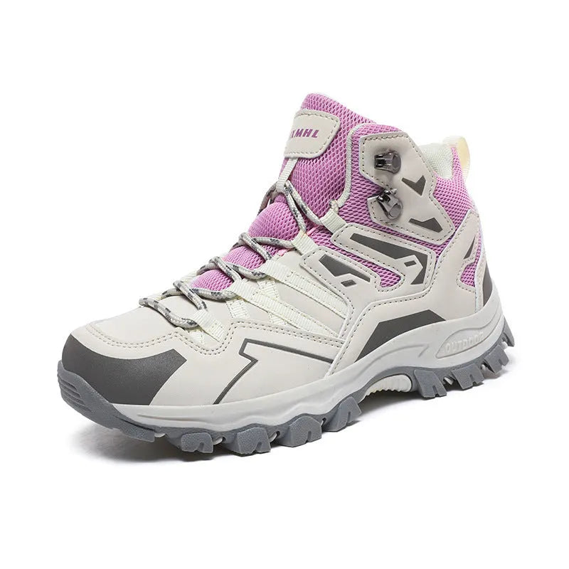 Same high-top hiking sneakers in light brown colour with front lace-up design and natural rubber outsole