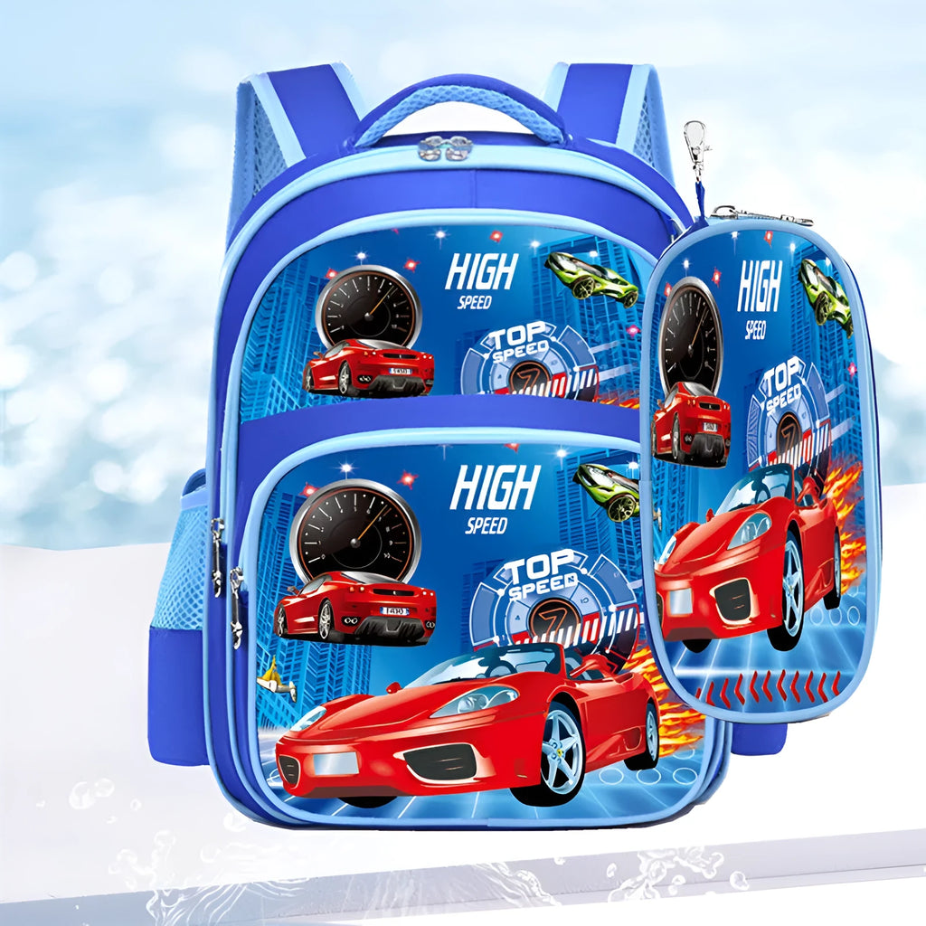 Blue cartoon anime print children's school backpack with pencil case